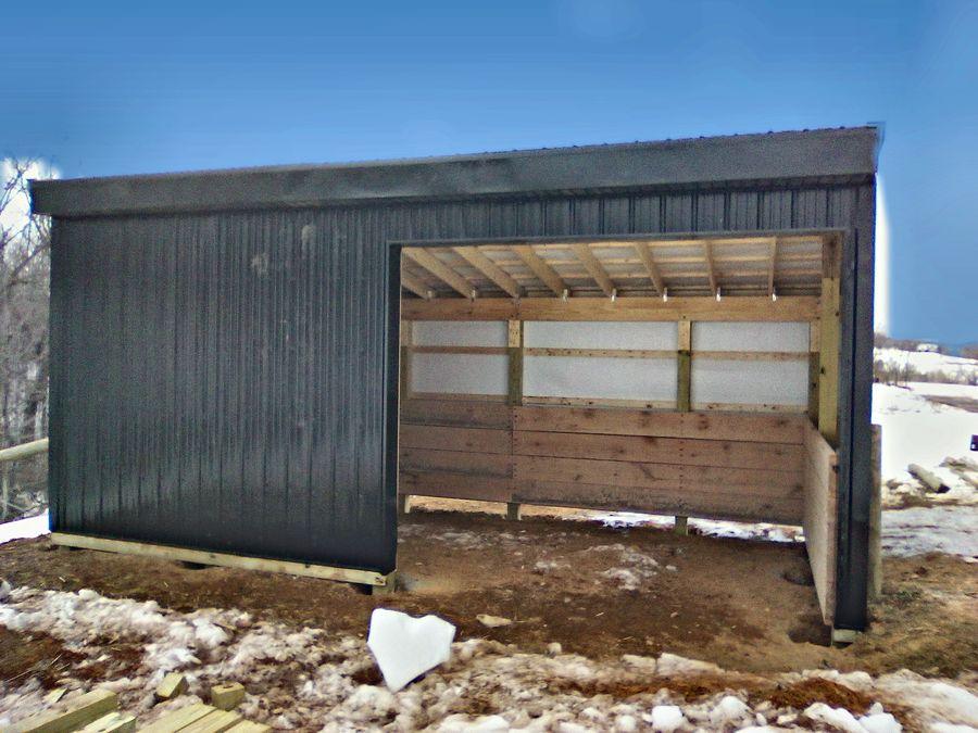 Open-front animal shelter with metal siding